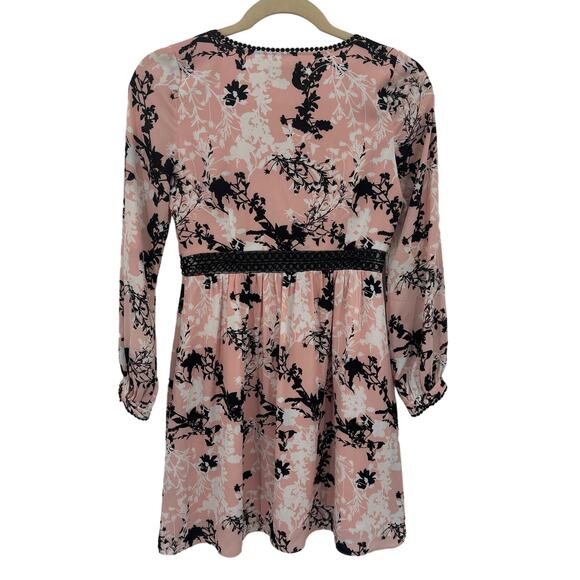136. Sam Edelman Dress SZ 10 Pink Black Floral V-Neck Bishop Boho Romantic Flowy - Picture 3 of 12
